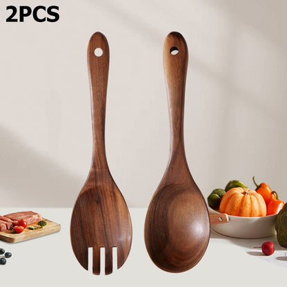 2pcs Salad Spoons 10-inch Durable Acacia Wood Cutlery Set Salad Mixer Fork And Spoon Salad Servers Spcoons Cooking Utensils