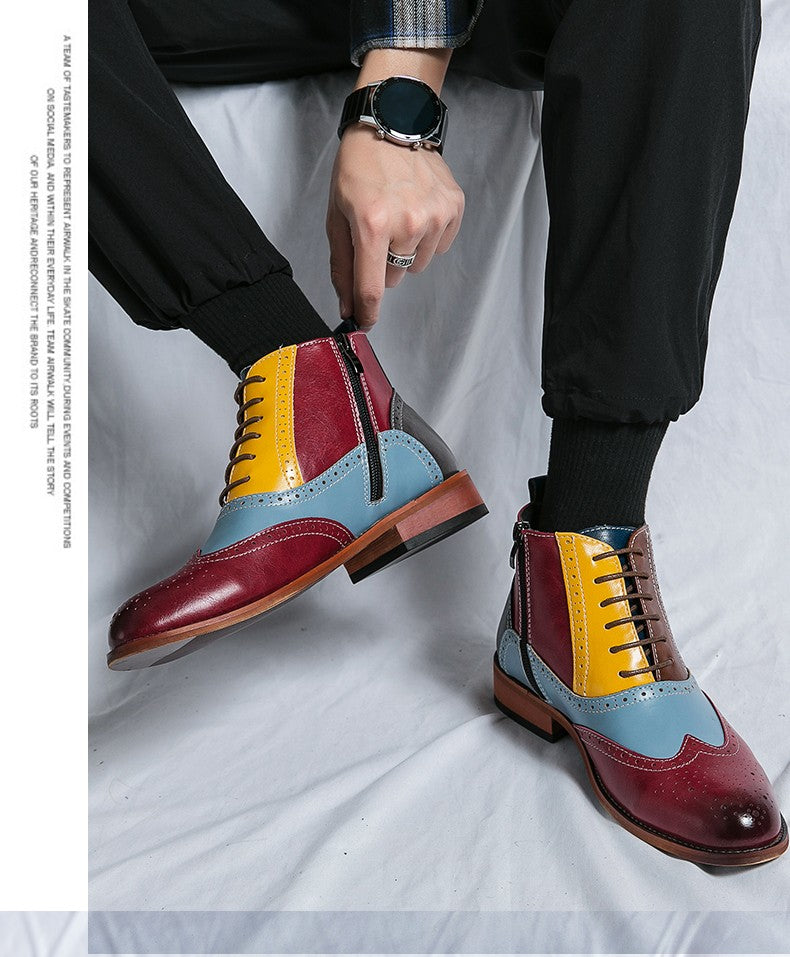 Luxury Fashion Men Leather Boots Flats British Style Sharp Pointed Color Matching Men Shoes Mens Slip-on Outdoor Flats Size 48