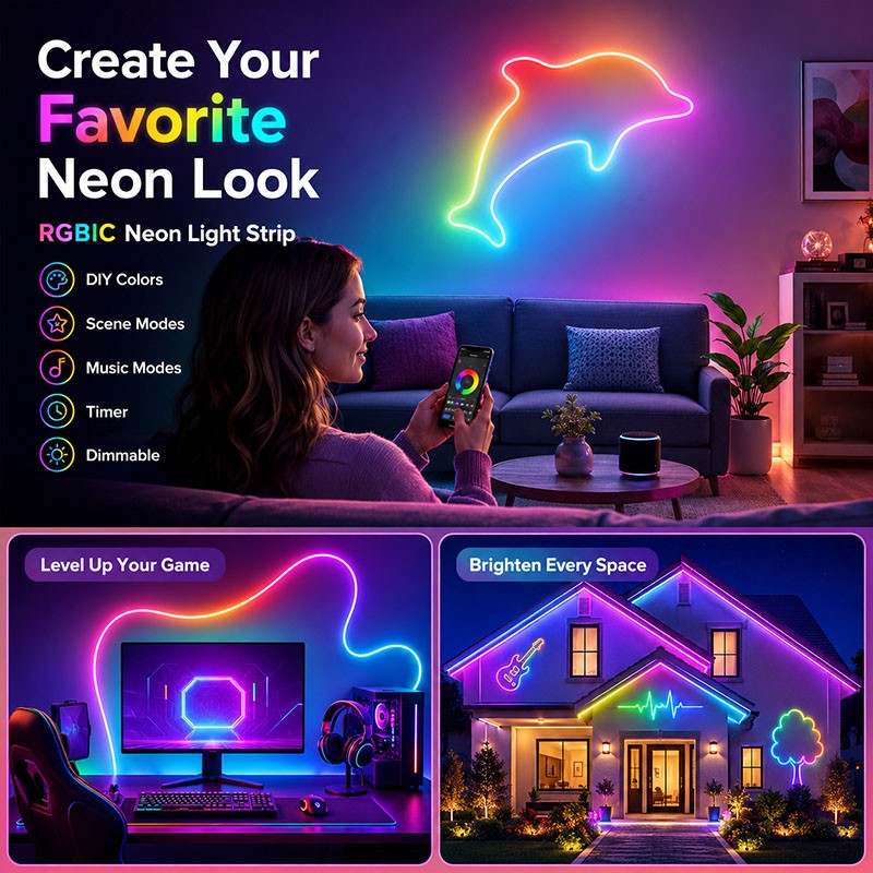DC 24V 5-20M RGBIC Neon Rope Light, APP & Remote Control, Music Sync, Flexible Lamp Tape,Waterproof LED Strip for Indoor Outdoor
