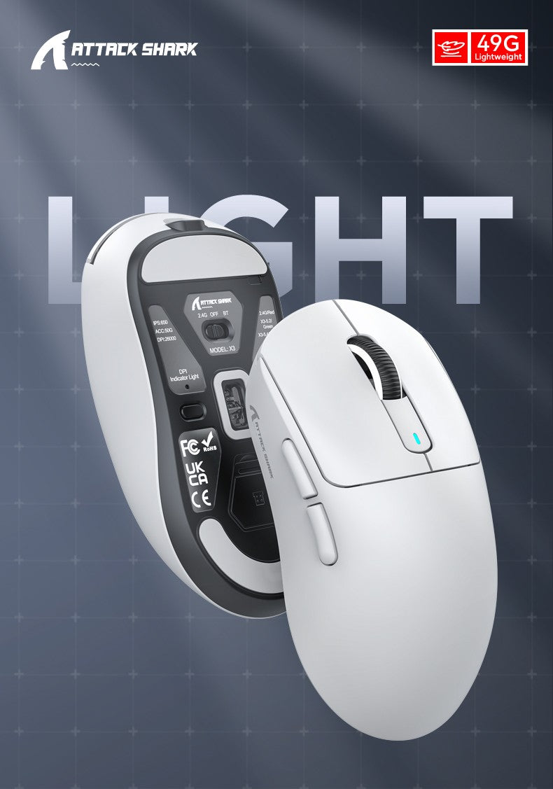 Mouse Gamer X3 PixArt PAW3395 Bluetooth 2.4G Tri-Mode, 26000dpi, 650IPS, 49g Leve com Macro