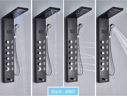 Sistema de Torre de Painel de Chuveiro de LED Coluna de Chuveiro de Cascata de Chuva com Tela LCD de Hidroeletricidade com Torneira de Chuveiro de Spa de Corpo com Massagem