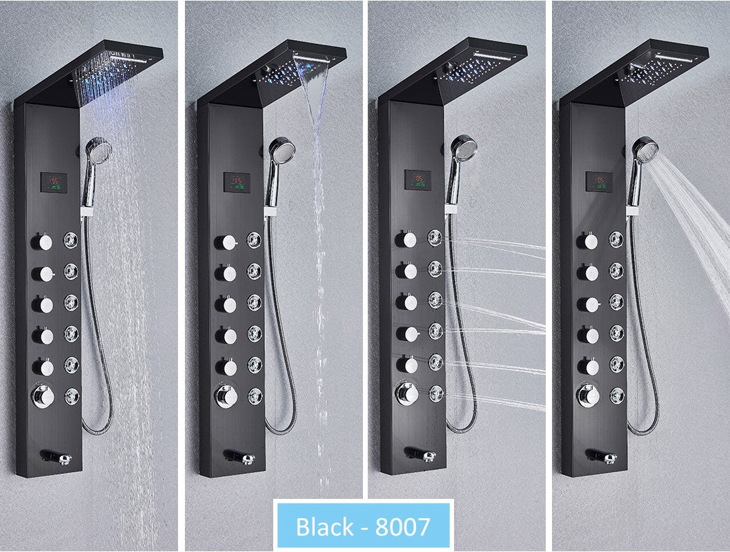 Sistema de Torre de Painel de Chuveiro de LED Coluna de Chuveiro de Cascata de Chuva com Tela LCD de Hidroeletricidade com Torneira de Chuveiro de Spa de Corpo com Massagem