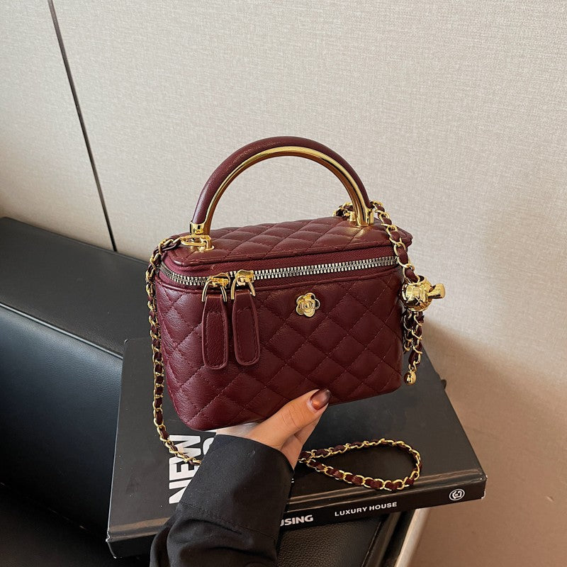 Women Luxury Shoulder Bag Diamond Quilted Metal Flower Accent Large Capacity Zipper Adjustable Strap for Daily Travel Business