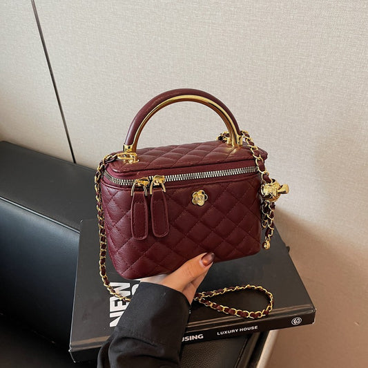 Women Luxury Shoulder Bag Diamond Quilted Metal Flower Accent Large Capacity Zipper Adjustable Strap for Daily Travel Business