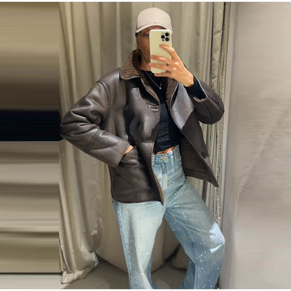 ? Fashion Double Sided Solid Jacket Women Lapel Collar Single Breasted Long Sleeve Coats 2025 Autumn New Lady Utility Outerwear