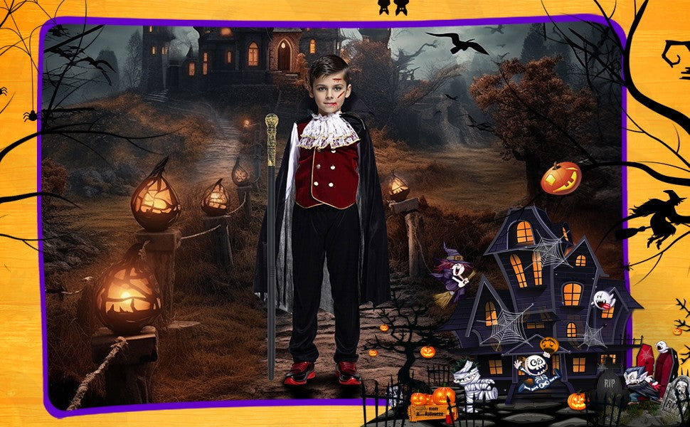 Kids Vampire Cosplay Costume for Boys Men Halloween Carnival Party Costumes with Walking Cane Stickers False Teeth
