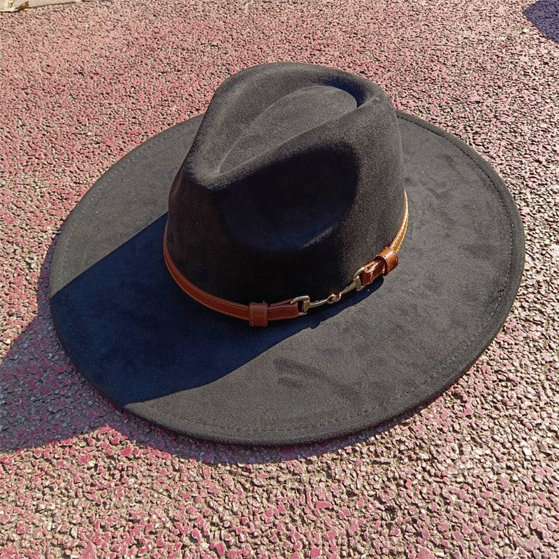 Suede fedora hat with same color accessories teardrop top wide brim hat for men and women Panama hat chapeau homme   sombrero