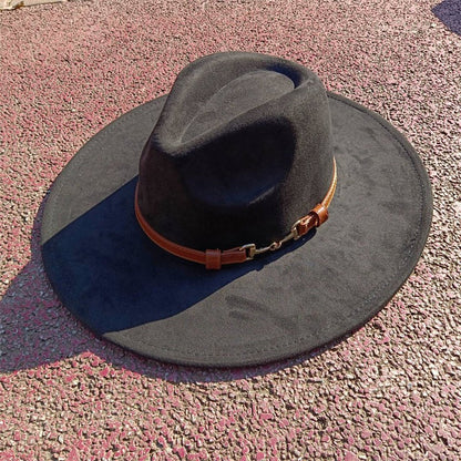 Suede fedora hat with same color accessories teardrop top wide brim hat for men and women Panama hat chapeau homme   sombrero