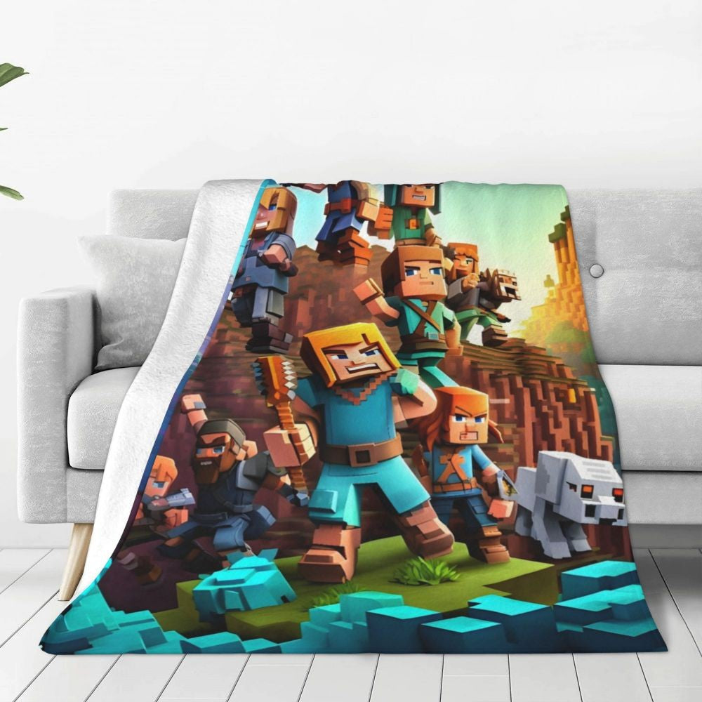 Cartoon Mines Pixel Game Crafts Flannel Blanket Super Warm Throw Blanket for Home Decor Decorative Street Trend Bedspread