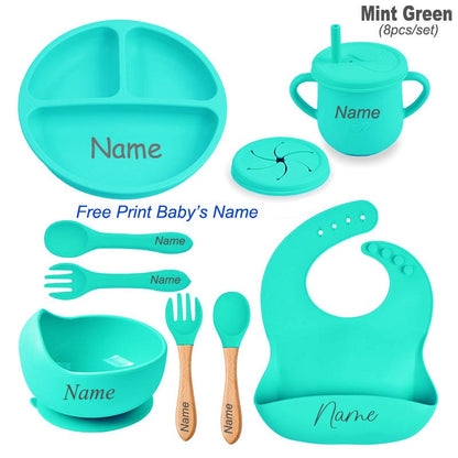 8Pcs Silicone Tableware Set Personalized Name Logo Baby Feeding Set Spoon Fork Suction Cup Bowl Silicone Dinner Plate For Kids