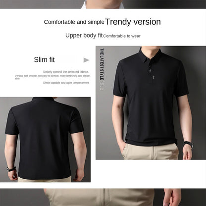 Ice Silk Embroidery Polo Shirt 2024 New Summer Lapel Elasticity T-shirt Korean Fashion Short Sleeve Business Casual Men Clothing