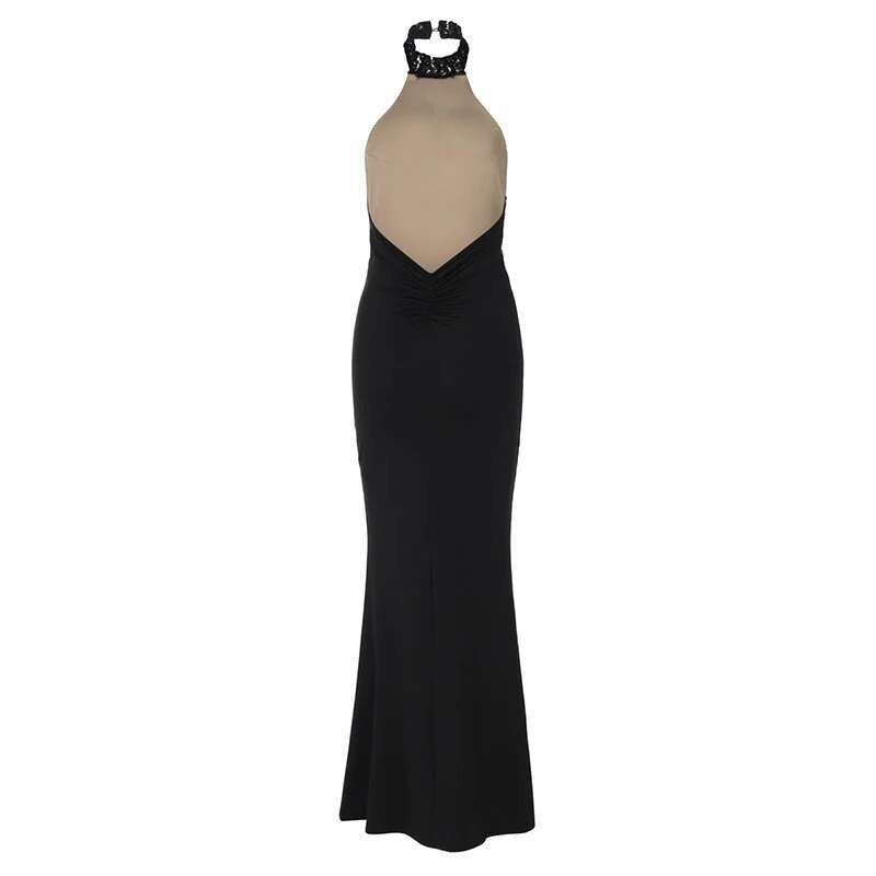 Mozision Lace Halter Backless Sexy Maxi Dress For Women Black Off-shoulder Strap