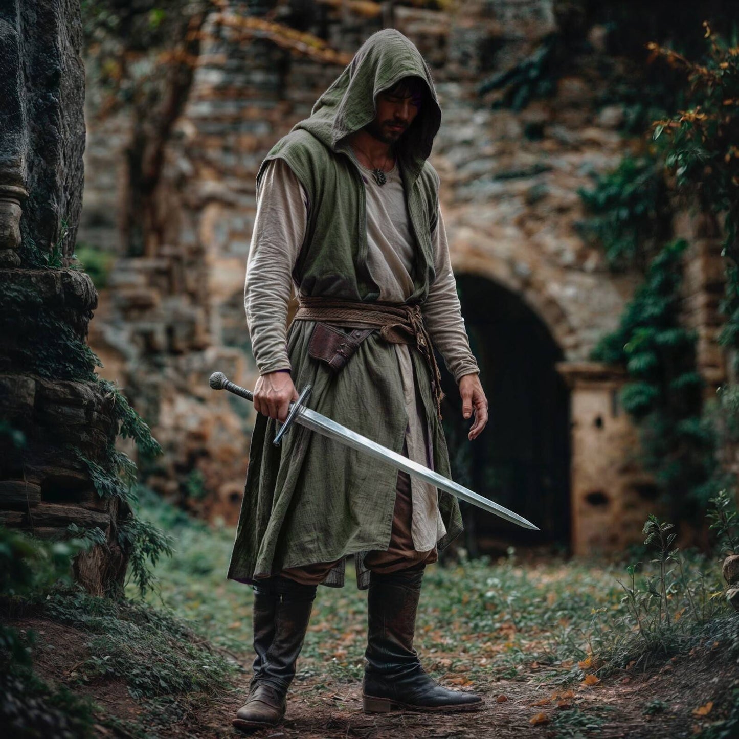 Medieval Mens Surcoat, Linen Hooded Tunic, Renfaire Cape, LARP Ranger Cosplay