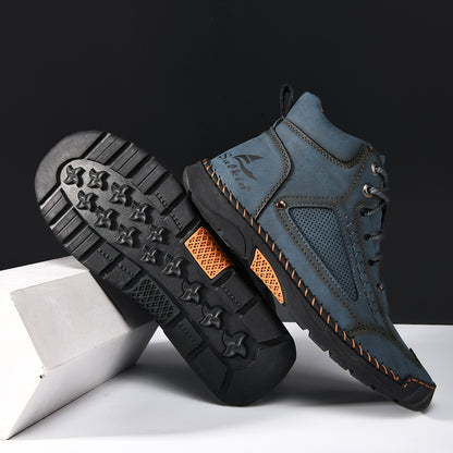 New Handmand Casual Leather Shoes Outdoor Men Boots Autumn Retro Breathable Casual Shoes Lace Up Blue Ankle Boots Winter Autumn