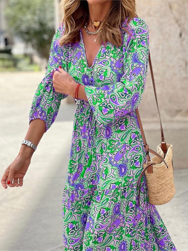 Women's Autumn New Fashionable Printed Sexy V-neck Long Sleeve High Waist Elasti