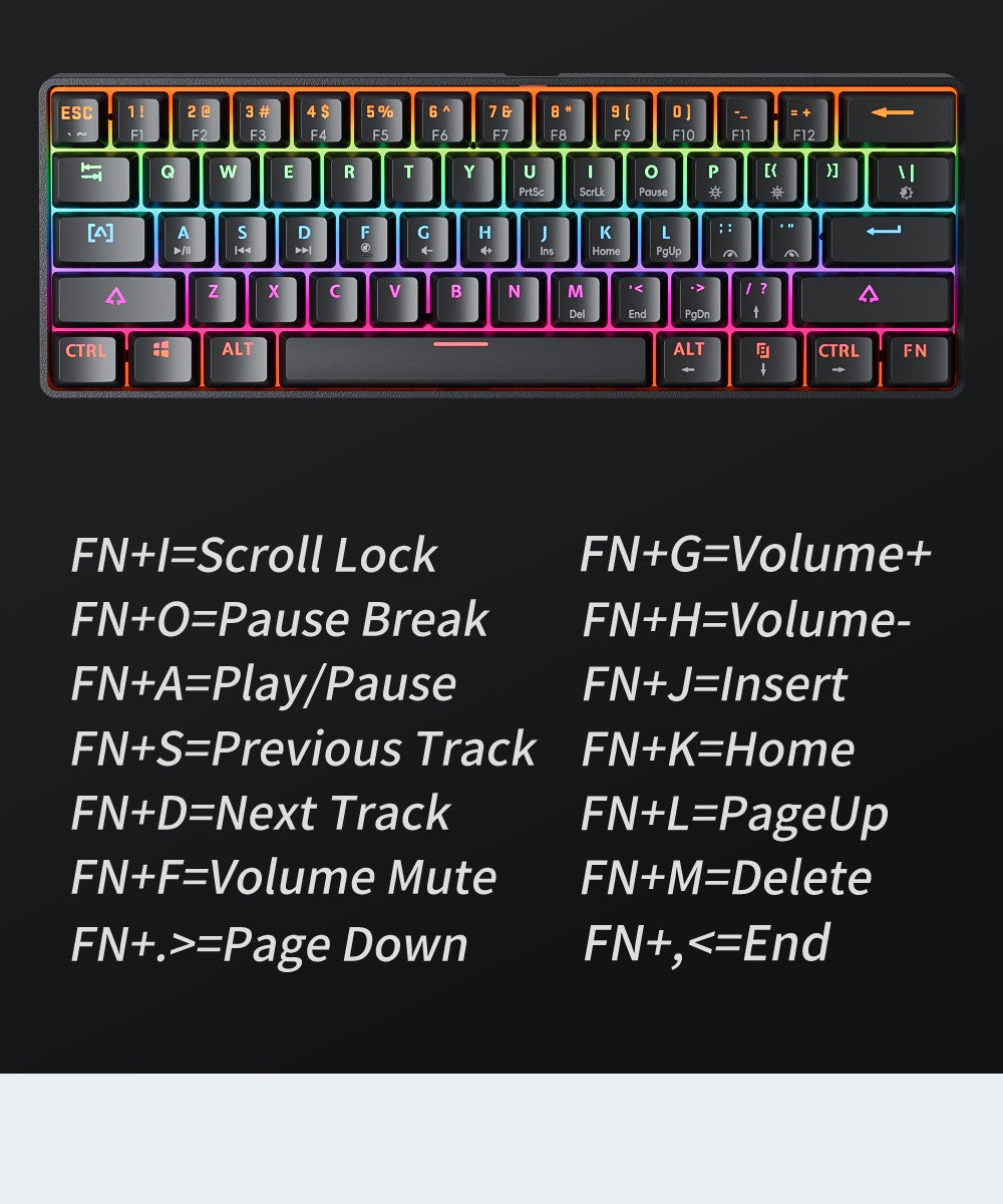 Teclado Mecânico Gamer MUCAI MK61 USB Esports 61 Teclas Eixo Vermelho Com Fio Cabo Destacável Retroiluminação RGB Hot Swap
