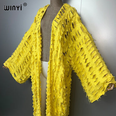 WINYI new maxi kimono coat for women OverCoat hole denim cardigan long down coat cover up beach outfits woman abaya dubai luxury