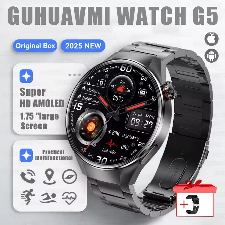 Smartwatch 2025 Original G5 Plus, Tela AMOLED HD de 1,75", Rastreamento GPS, Frequência Cardíaca, Chamada Bluetooth, Bússola para Homens