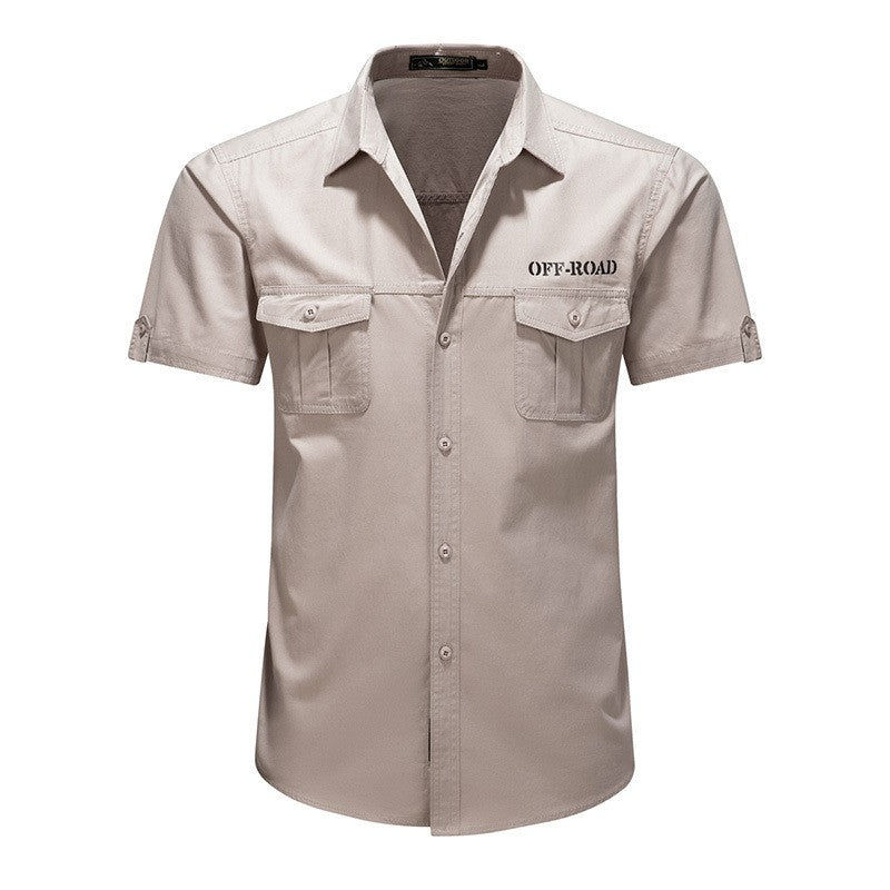 2025 New Summer Army Green Fashion Versatile Men's Casual Shirt, Khaki Slim Short-sleeved Breathable Cotton Cargo Shirts for Men