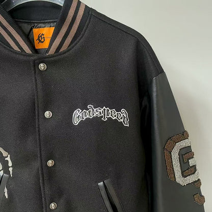 Real Photo GOD SPEED Baseball Jacket American Vintage Patchwork Leather Sleeves Unisex Embroidery Skeleton Jacket Coats