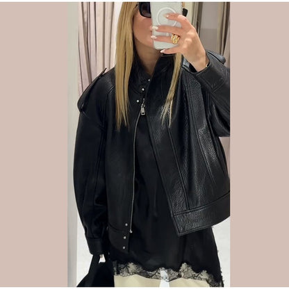 Street Stand Collar Women's Leather Jacket Loose Long Sleeve Zipper Pockets Chic Female Coats 2025 Autumn Winter Lady Outerwear