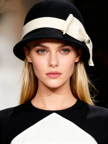 Chapéus de inverno luxuosos e elegantes de lã feltro para mulheres preto/branco com aba enrolada para casamento igreja coquetel chá de festa a rigor