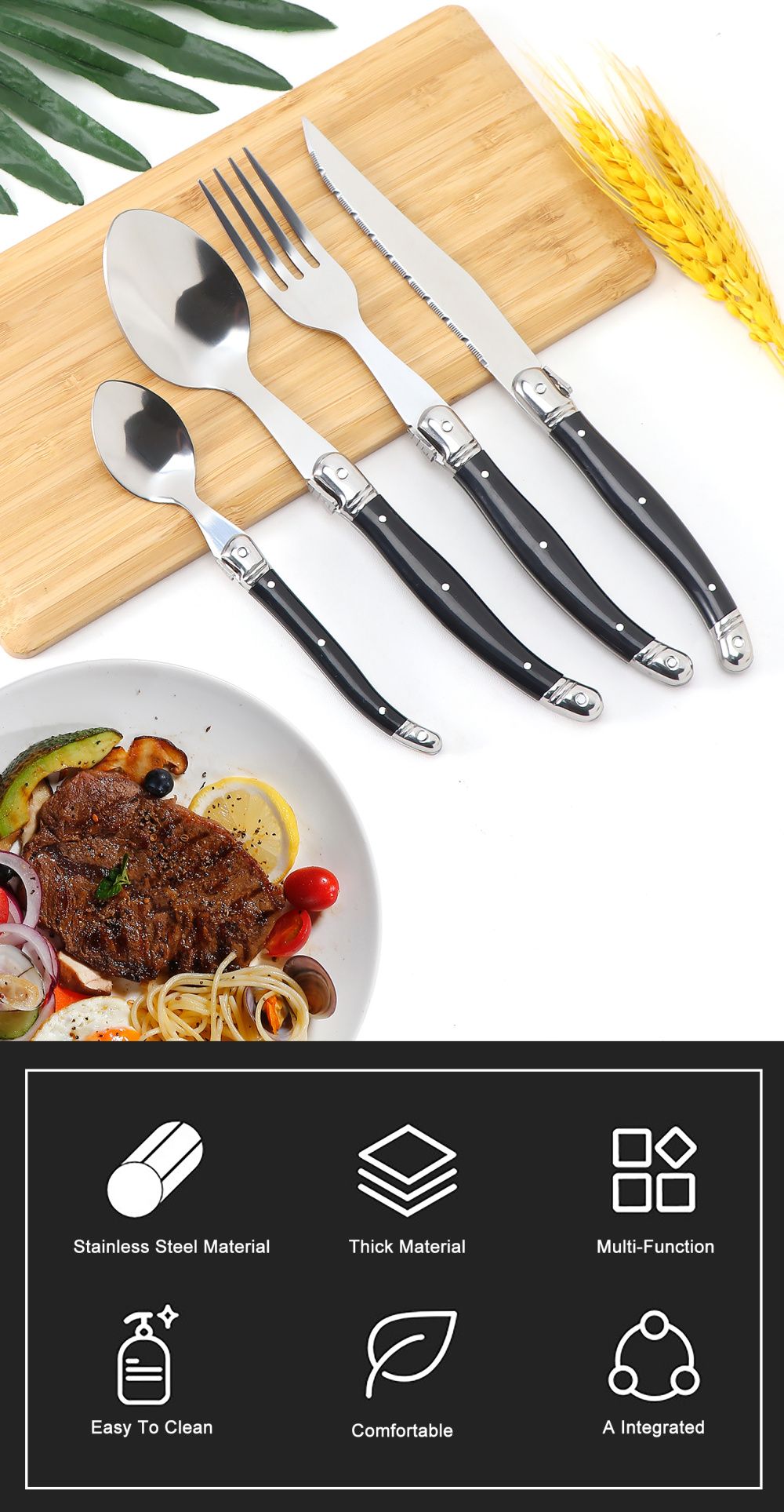 Jaswehome 24 peças Talheres Laguiole com Cabo Preto Conjunto de Facas de Bife Elegante Kit de Talheres Profissional