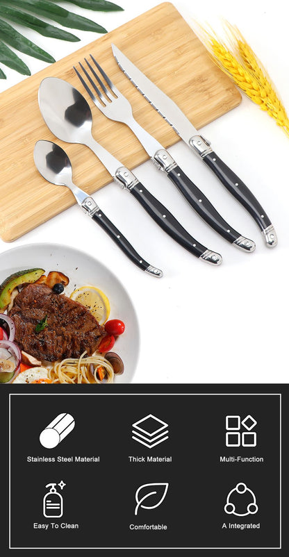 Jaswehome 24 peças Talheres Laguiole com Cabo Preto Conjunto de Facas de Bife Elegante Kit de Talheres Profissional
