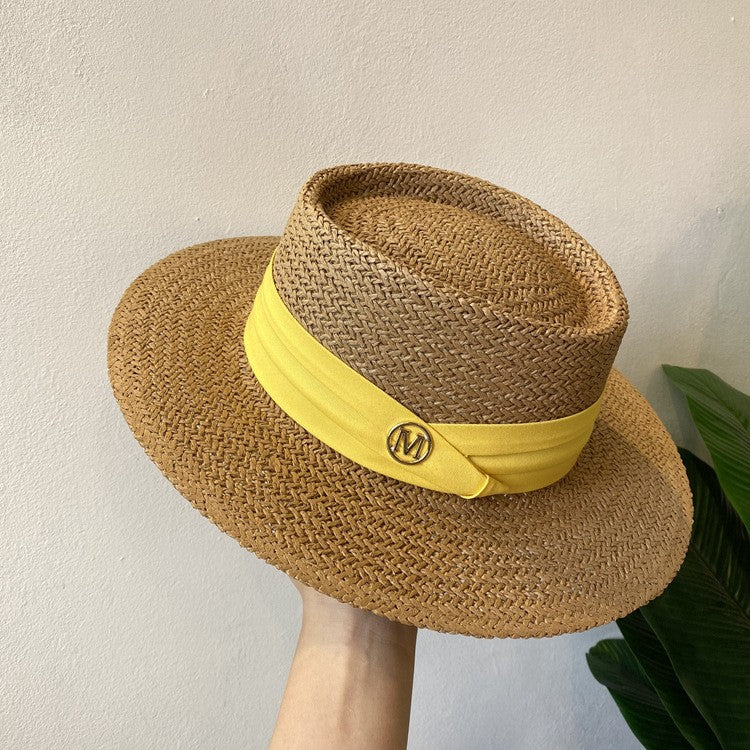 Chapéu de Palha Feminino de Verão Chapéu de Sol Luxuoso Feminino Chapéu de Praia de Proteção Solar da Moda Chapéu Panamá Francês Chapéu Raff de Aba Larga com Topo Abaulado