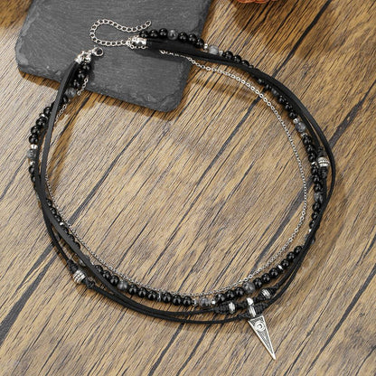 Colar masculino retrô de couro multicamadas com miçangas de ágata preta, acessórios de joias para festas boêmias, presentes