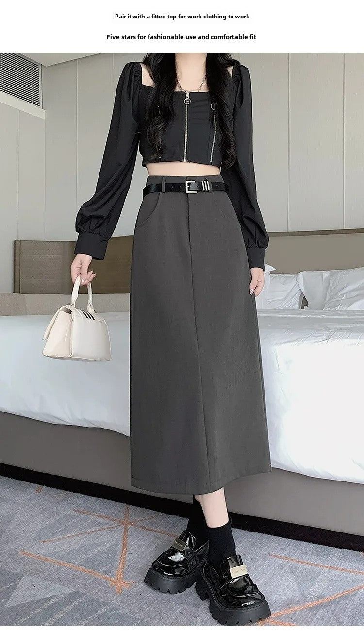 Grey High-waisted A- line Skirt Half Dress Petite Long Dress Autumn/winter For Women Side Slit Workwear