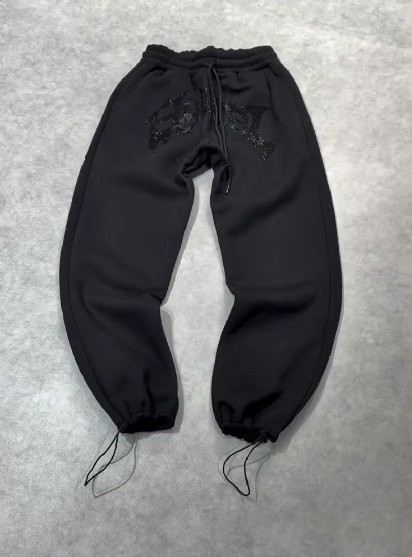 Calça Jogger Y2K Retrô Gótico Hip Hop com Strass Bordado Casual Masculina Feminina Calça Folgada Moda com Tira no Tornozelo