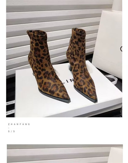 Autumn Women's High Heel Leopard Print Ankle Boots New Winter Pointed Head Thin Heel Chelsea Boots for Shoes Dress D503