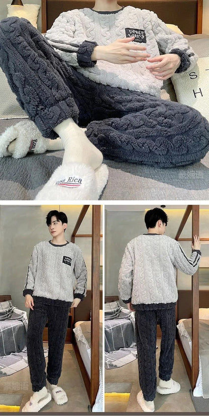 Higher Quality Thickened Warm Flannel Plus Size Men’s Pajamas Winter Nightwear Loungewear Fashion Striped Sleepwear Homewear