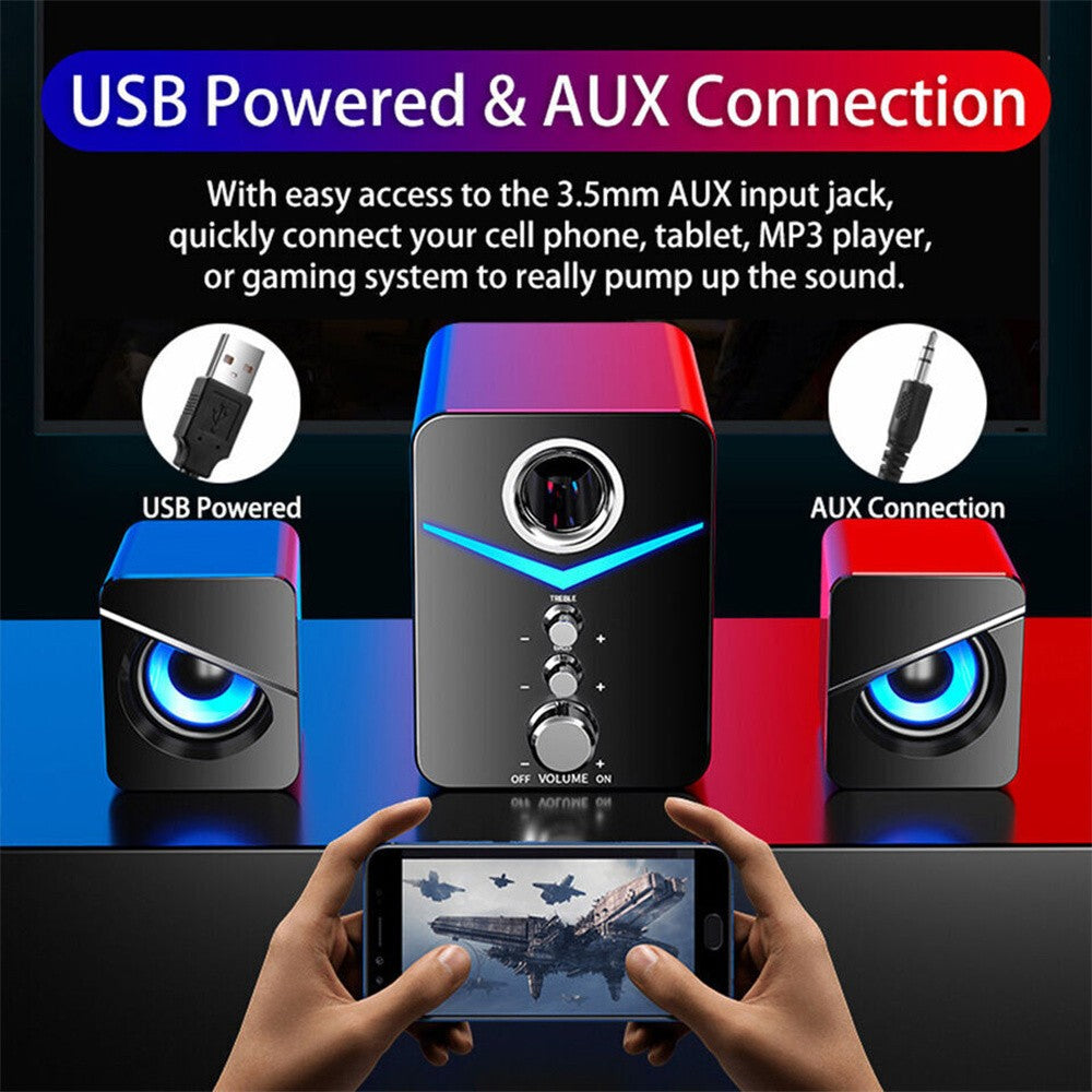 Sistema de Caixas de Som LED USB para Computador Subwoofer Controle de Graves Estéreo para Desktop Laptop PC Alto-falante Portátil