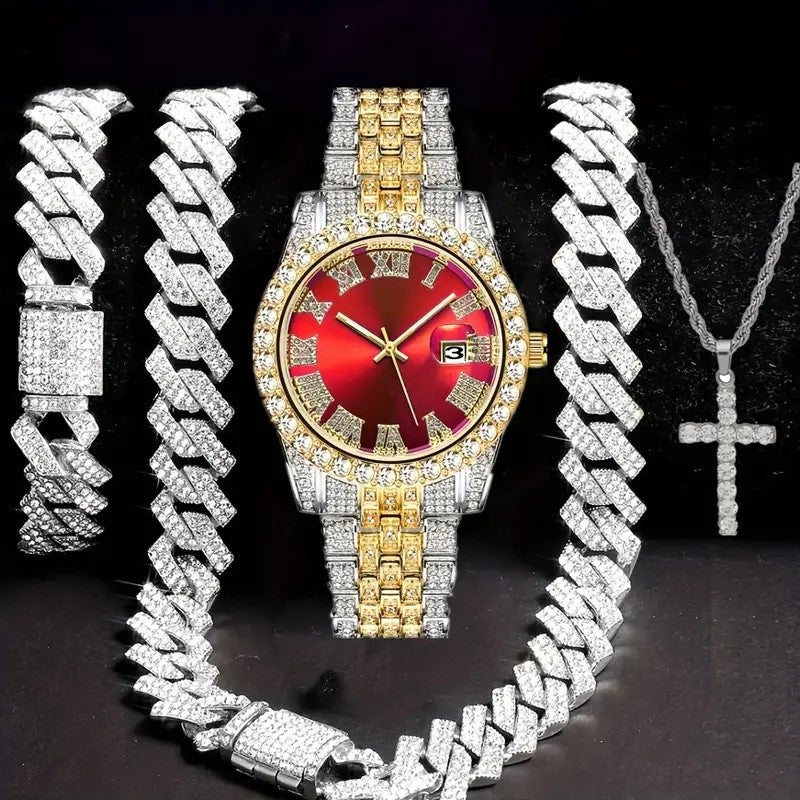 4pcs/set Mens Bling Wrist Watch & Hip Hop Cuban Chain Necklace Set - Rhinestone Accented, Round Dial, Electronic Quartz Movement