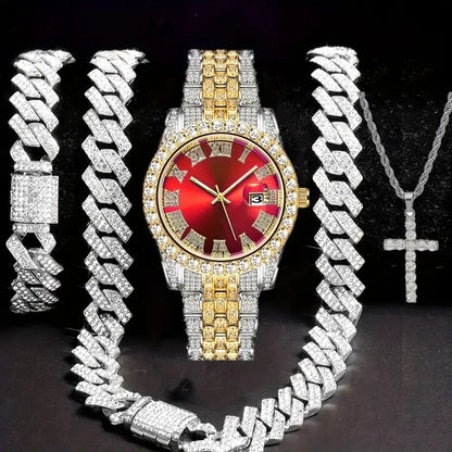 4pcs/set Mens Bling Wrist Watch & Hip Hop Cuban Chain Necklace Set - Rhinestone Accented, Round Dial, Electronic Quartz Movement