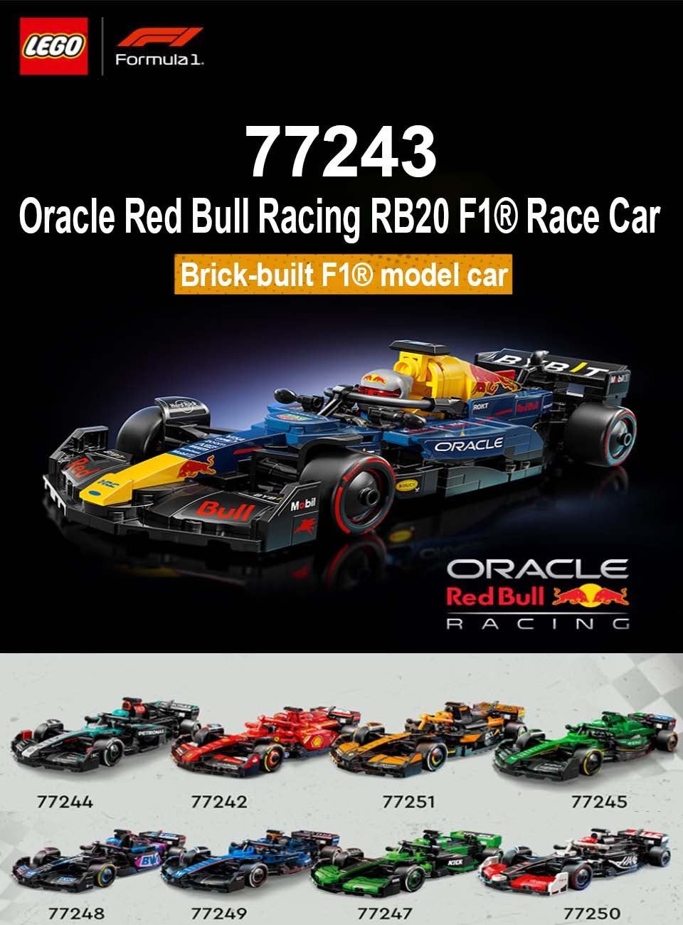 LEGO 77243 Speed Champions Oracle Red Bull Racing RB20 F1 - Kit de Modelo de Carro de Corrida – Conjunto de Construção para Adultos, Maiores de 18 Anos, 251 Peças