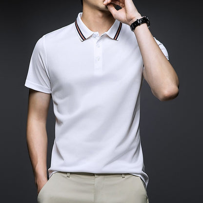 Men's Fashion Solid Short Sleeved Striped Lapel Polo Shirt Summer Breathable Comfortable Top
