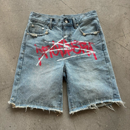 Y2K Graffiti Jorts Rhinestone Distressed Printed Denim Shorts Men Women Trend Retro Hip Hop Streetwear Unisex Baggy Short Pants