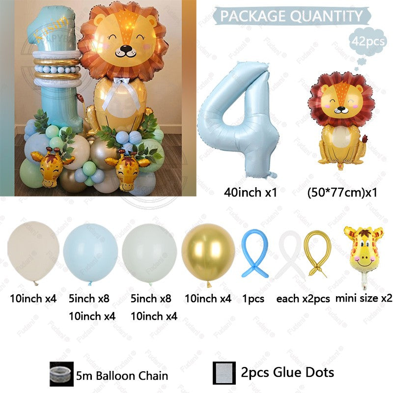42pcs Mini Giraffe Sitting Lion Balloon 40 inch Baby Blue Number 1-9 Birthday Balloon Set Jungle Animal Theme Party Decoration