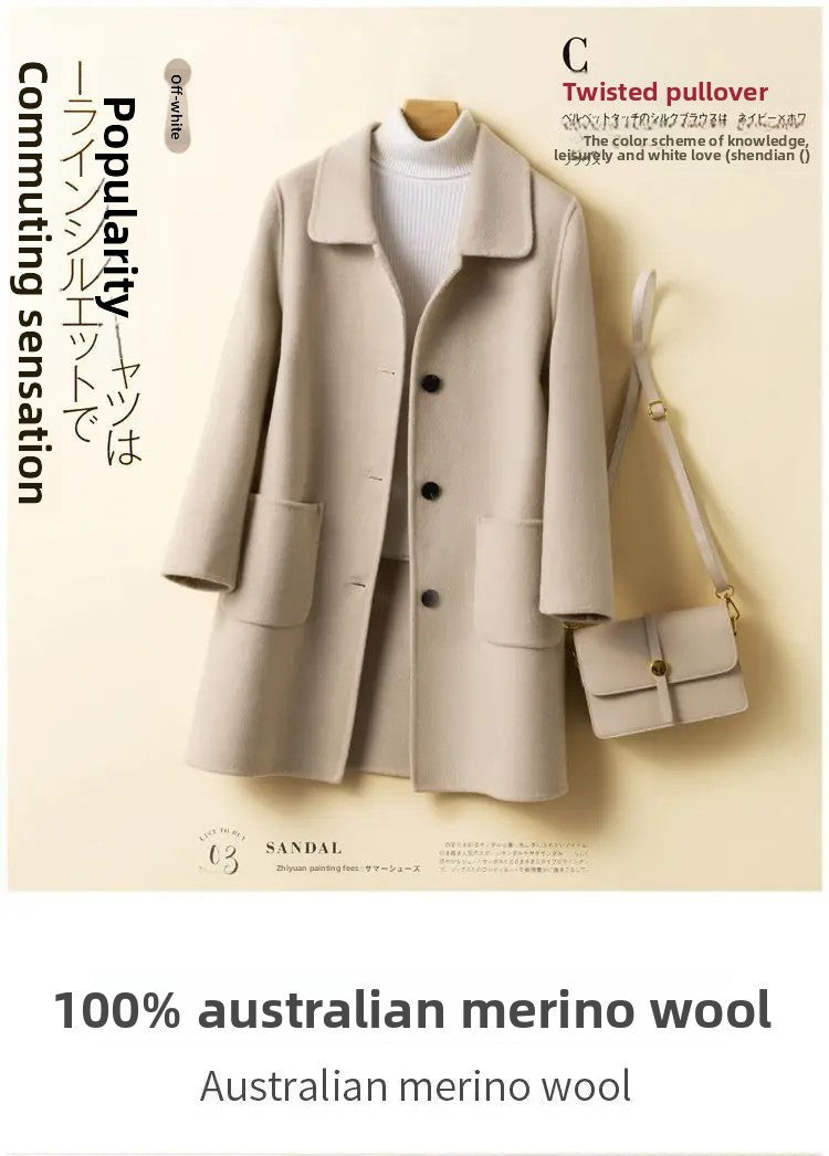 High-End Korean Style Double-Faced Cashmere Woolen Coat for Women Mid-Length Thickened Polyester Fiber Winter Outerwear