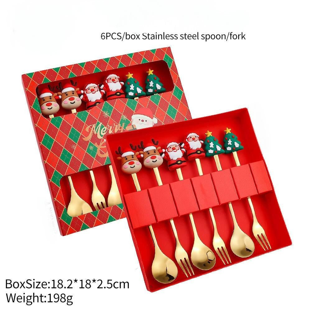 Conjunto de Talheres com Tema Natalino Aço Inoxidável Faca Garfo Colher com Desenho Animado Criativo Conjunto de 2/4/6 Peças Presente de Fim de Ano Decoração de Talheres