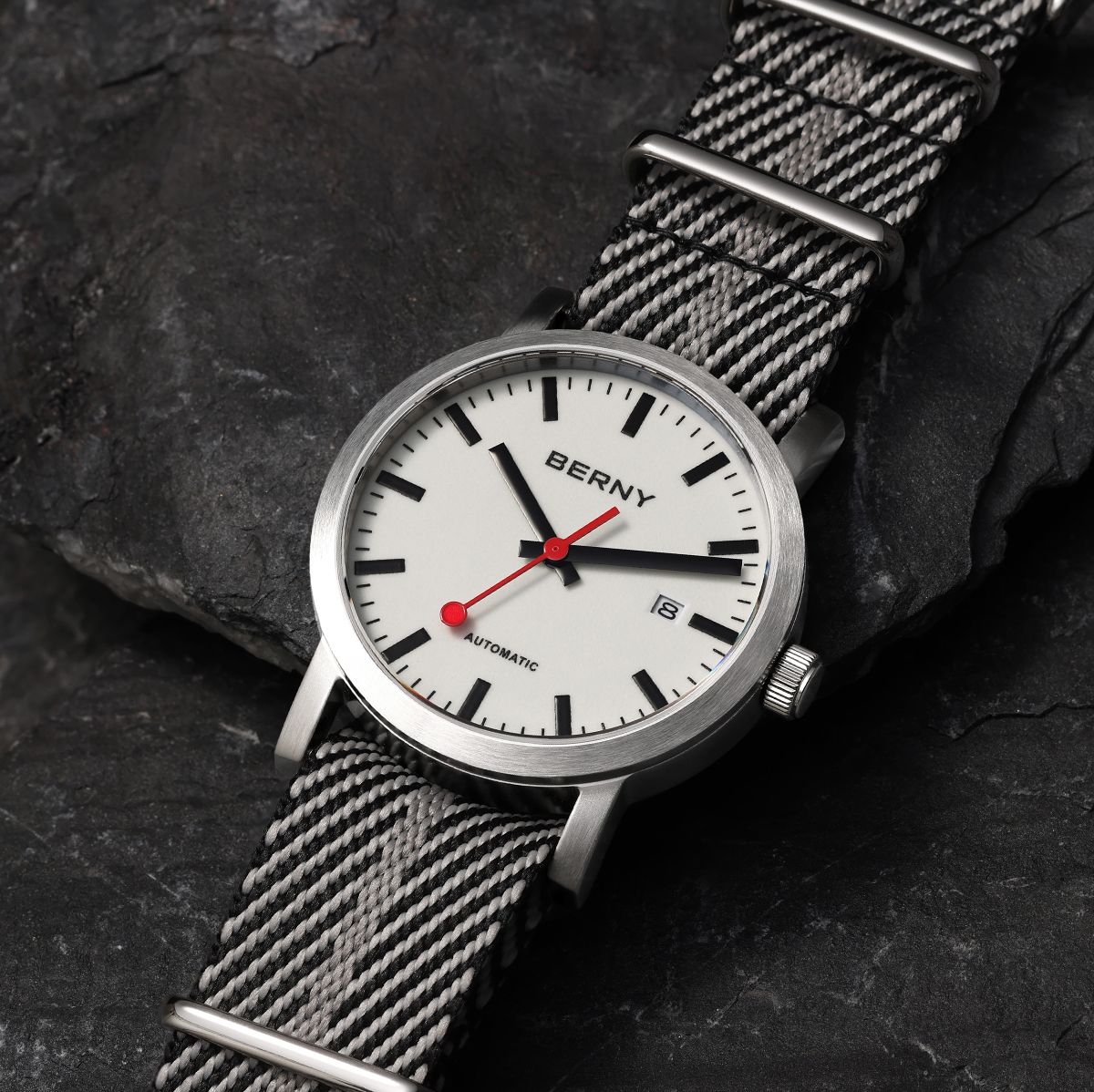 BERNY Automatic Watch Men 40mm Luminous Railway Time Dial MIYOTA 8215 Nylon Strap Sapphire 50M Waterproof Men's Mechanical Watch