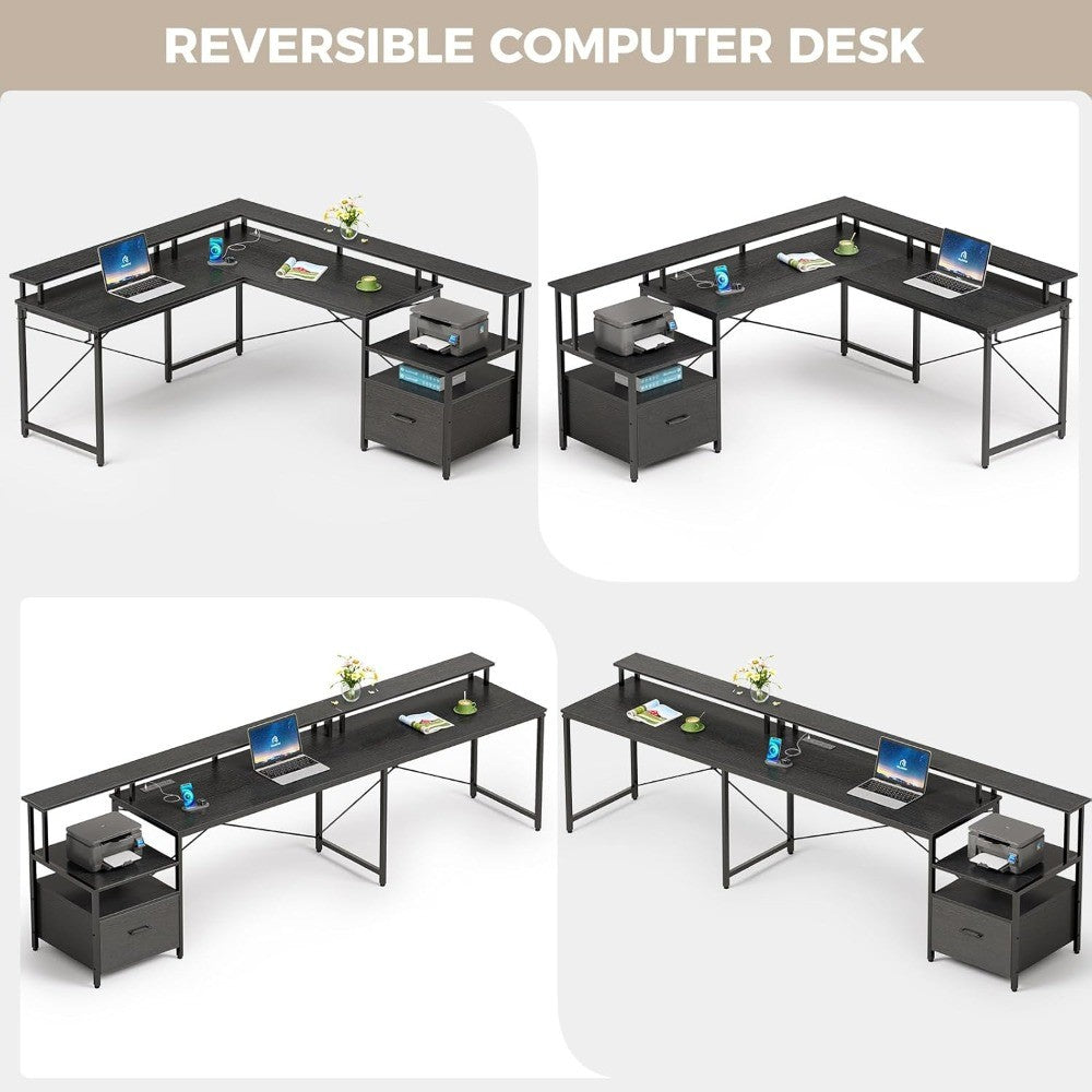 Computer Desk With File Drawer, 64" L Shaped Computer Corner Desk With Power Outlet & LED Strip, Home Office Desk With Monitor-H