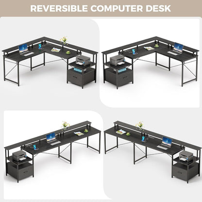 Computer Desk With File Drawer, 64" L Shaped Computer Corner Desk With Power Outlet & LED Strip, Home Office Desk With Monitor-H