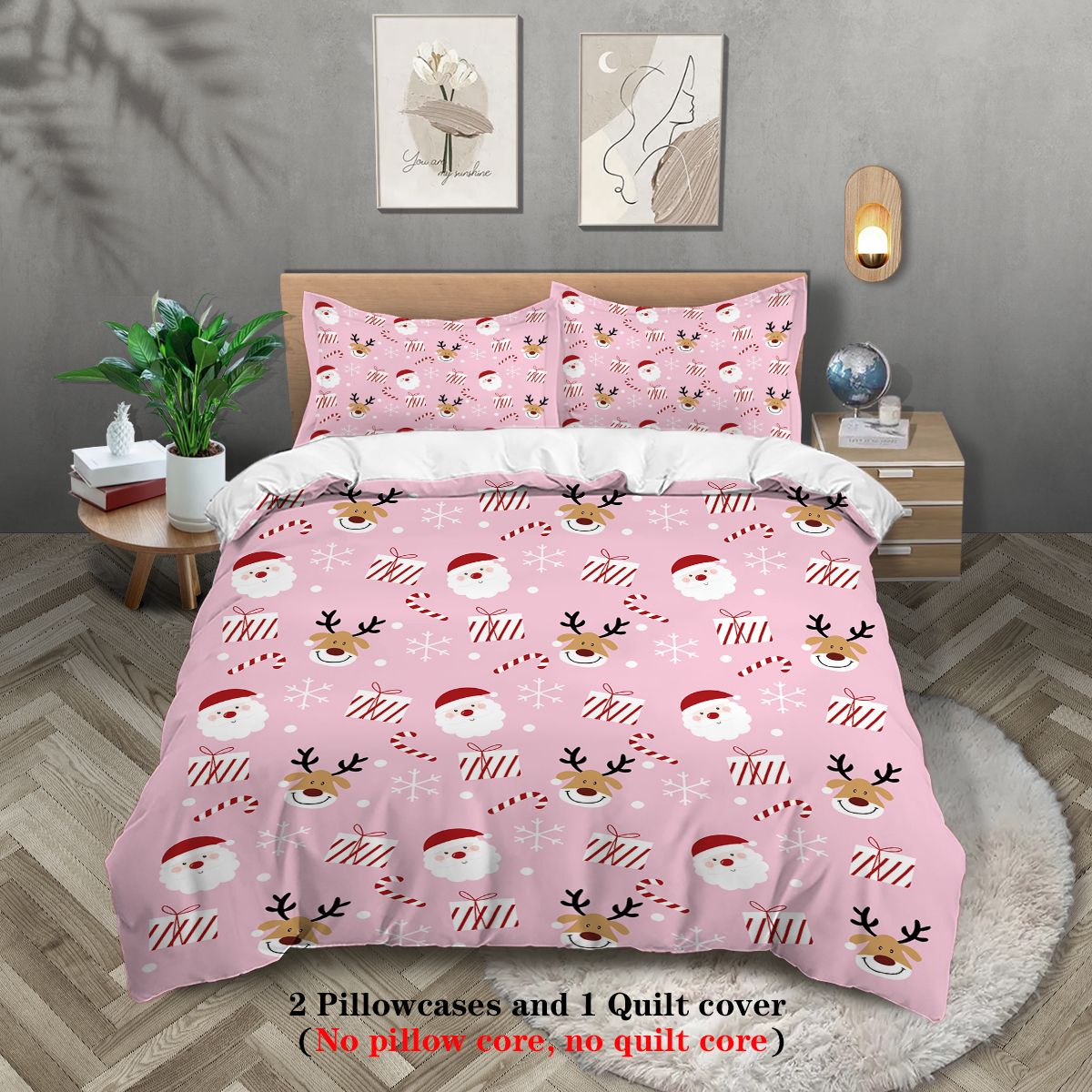 3-piece Christmas themed pink Santa Claus print (1 duvet cover+2 pillowcases, no core) soft and comfortable bedding set