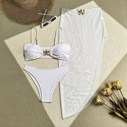 Womens 3 Piece Bikini Sets Sexy Bandeau Swimsuits for Women Lace Up Mid Rise Ruched Strapless Bathing Suits