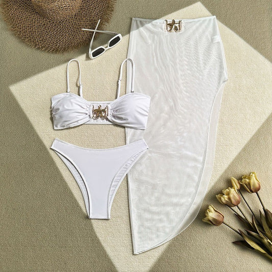 Womens 3 Piece Bikini Sets Sexy Bandeau Swimsuits for Women Lace Up Mid Rise Ruched Strapless Bathing Suits