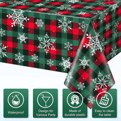 3PCS/Set Disposable Christmas Snowflake Tablecloth Plastic Red Green Buffalo Plaid Table Cover for Christmas Holiday Party Decor